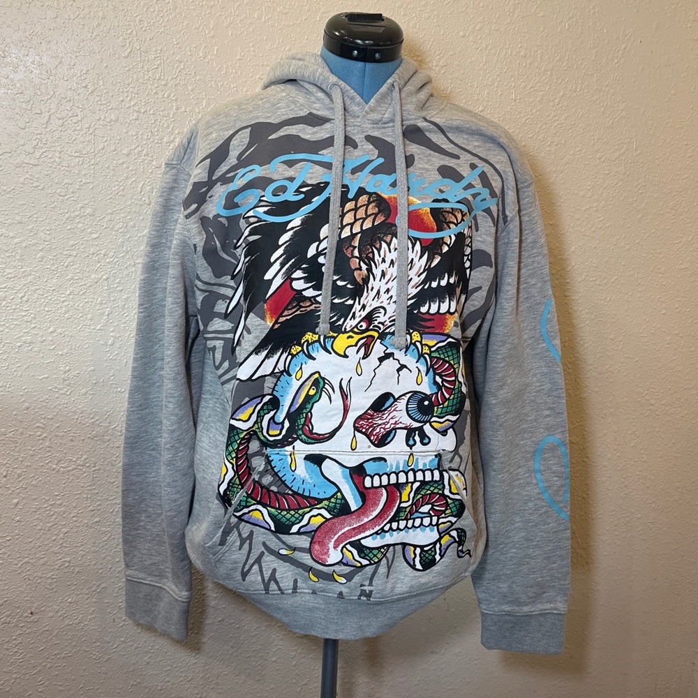 Ed Hardy Gray Hooded Sweatshirt with Multicolor Skull & Snake Graphic